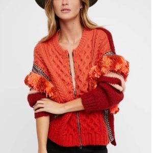 Free People Fiesta Fringe Chunky Wool Knit Ombre Zip Up Sweater X- Small